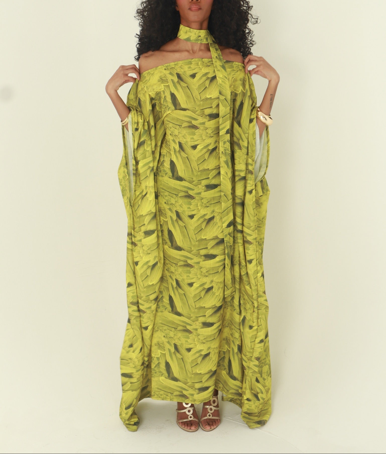 Green Feather Almyra Dress with Neck Scarf