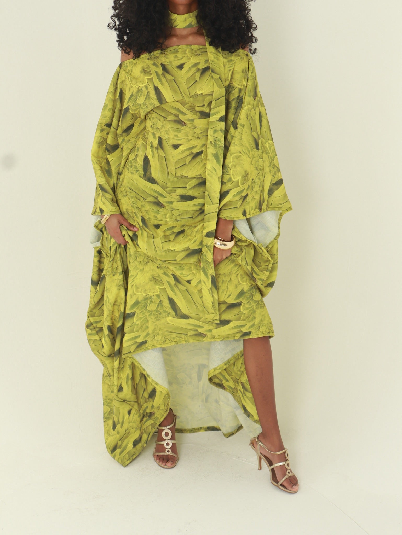 Green Feather Almyra Dress with Neck Scarf